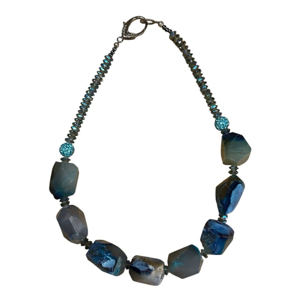 Blue Druzy Agate Chunky Faceted Statement Necklace Teal Pave 21 Inch